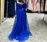 Msddl  Elegant Royal Blue Off Shoulder Prom Dresses Tulle Long Sleeves A-Line With Beaded Belt Zipper Back Evening Party Dresses