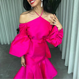 Msddl  Sexy Halter Short Evening Dresses Puffy Sleeve Mermaid Fuchsia Tea Length فساتين السهرة Ruffle Prom Dresses For Women