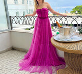 Msddl  Sexy Fuchsia Tiered Tulle Long Prom Dresses 2023 A Line Sweetheart Neck With Belt Zipper Back Formal Evening Party Gowns