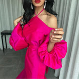 Msddl  Sexy Halter Short Evening Dresses Puffy Sleeve Mermaid Fuchsia Tea Length فساتين السهرة Ruffle Prom Dresses For Women