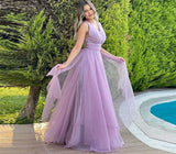 Msddl  Simple V-Neck Light Purple Chiffon Boho Prom Dresses Tiered Backless Fairy Sleeveless Evening Party Gowns Robes De Soirée