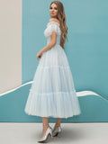 Msddl  Light Blue Short Prom Dress Off The Shoulder A Line Tulle Tiered Tea Length Evening Party Gown Puff Sleeves Sweetheart