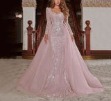 Msddl  Luxury Pink Long Sleeves Sequin Mermaid Evening Dresses Elegant Tulle Sweep Train Princess Prom Party Gowns Floor Length