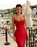 Msddl Back to school Smileven Red Sweetheart Formal Evening Gowns Sexy Beaded Pearls Prom Dresses 2023 Sexy Side Split Satin Evening Party Dress