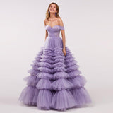 Msddl Lavender Tiered Prom Dresses Sweetheart Off the Shoulder Ruffled Long Evening Dress Lace-up Wedding Party Gown