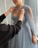 Msddl  Dusty Blue Sparkly Tulle Prom Dresses With Long Cape Sweetheart A-Line Formal Party Dress 2023 Evening Gowns Floor Length