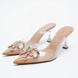 Msddl TRAF Womens Transparent Pumps Woman High Heels Luxury Sparkly Bow Slingback Pumps Clear Rhinestone Weddings Bridal Sandals