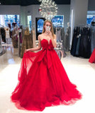 Msddl  Off Shoulder Long Red V-Neck Tulle Sparkly Prom Dresses A-Line With Bow Corset Back Lace Up Back Evening Gowns For Women