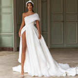 Msddl Boho High Side Split Wedding Dresses Lace Appliques One Shoulder Bride Gowns with Big Bow Sleeveless A-Line Dress