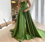 Msddl  Simple Green Satin A-Line Prom Dress 2023 Elegant Straps Buttons Design Evening Dress Front Split Party Dress With Pocket