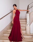 Msddl  New O-Neck Evening Dresses Elegant Backless A-Line Side Slit Elegant Fashion Solid Color Court Train Long Prom Dress