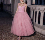 Msddl  Simple Pink Short Prom Dresses 2023 Spaghetti Straps Sweetheart A Line Formal Evening Party Dresses Tulle Ankle Length