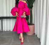 Msddl  Sexy Halter Short Evening Dresses Puffy Sleeve Mermaid Fuchsia Tea Length فساتين السهرة Ruffle Prom Dresses For Women