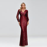 Msddl  2023 New Women Elegant V-Neck Mermaid Evening Dress Floor Length Formal Prom Party Gown Sequins Long Sleeve Galadress Vestidos