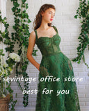 Msddl Green Lace Long Prom Dresses Sweetheart Spaghetti Straps Flowers A-Line Evening Gowns Formal Party Dress