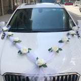 Msddl White Artificial Rose Flowers Ribbons Car Wedding Decoration Bridesmaid Car Door Arrangement Handle Silk Hanging Fake Flowers