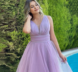 Msddl  Simple V-Neck Light Purple Chiffon Boho Prom Dresses Tiered Backless Fairy Sleeveless Evening Party Gowns Robes De Soirée