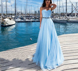 Msddl  Elegant Sky Blue A Line Strapless Evening Dress Tulle Sweetheart Neck Party Prom Gown Long Vestidos De Noche Zipper Back