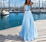 Msddl  Elegant Sky Blue A Line Strapless Evening Dress Tulle Sweetheart Neck Party Prom Gown Long Vestidos De Noche Zipper Back