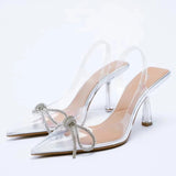 Msddl TRAF Womens Transparent Pumps Woman High Heels Luxury Sparkly Bow Slingback Pumps Clear Rhinestone Weddings Bridal Sandals