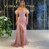 Msddl  Royal Pink Sequins Mermaid Prom Dresses Feathers Elegant Long Sleeves Evening Gown 2023 Off The Shoulder Women Formal Dress