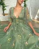 Msddl  Green Embroidery Lace Prom Dresses V Neck Half Sleeves Tulle Evening Party Gowns Deep V Neck Formal Dresses Tea Length