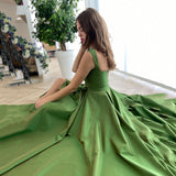 Msddl  Simple Green Satin A-Line Prom Dress 2023 Elegant Straps Buttons Design Evening Dress Front Split Party Dress With Pocket