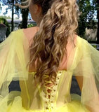 Msddl  Lemon Yellow High-Low Prom Dresses Sweetheart Tulle Sleeveless A Line Lace-Up Back Evening Party Dresses Sweep Train