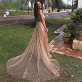 Msddl  Sexy Shiny Champagne Gold Evening Dresses 2023 Spaghetti Straps V-Neck Backless Long Tulle Elegant Prom Gown Illusion