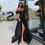 Msddl  Sexy Off The Shoulder Satin Evening Dresses Long Sexy High Slit Party Gown Elegant High Waist Prom Dress Robe De Soiree