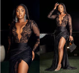 Msddl  Black Lace Evening Dresses Deep V-Neck Long Sleeves High Slit Women Party Prom Dressing Gowns Mermaid Plus Size