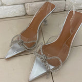 Msddl TRAF Womens Transparent Pumps Woman High Heels Luxury Sparkly Bow Slingback Pumps Clear Rhinestone Weddings Bridal Sandals