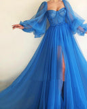 Msddl  Fashion Luxury A-Line Prom Dresses Blue 2023 Long Tulle Puff Sleeve Women's Evening Gownssweetheart Bow Party Dress Side Slit