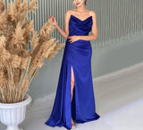 Msddl  Sexy Royal Luxury Blue Evening Dress Strapless Pleated Off Shoulder Women's Elegant Prom Sleeveless Side Split Party Gown