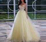 Msddl  Luxury Long Tulle Prom Dresses 2023 One Shoulder Sequined Beading Long Sleeves V-Neck A-Line Evening Party Formal Gowns