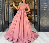 Msddl  Beaded One Shoulder Long Sleeve Satin Pink Prom Dresses Pleated A-Line Sweep Train Robes De Soirée Evening Party Gowns