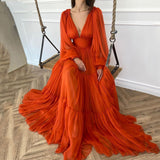 Msddl  Luxury Elegant Orange Prom Dresses 2023 Puff Long Sleeves Sexy Deep V-Neck Pleated Splicing Chiffon Evening Party Gowns