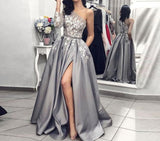 Msddl  Grey A Line Sexy One Shoulder Prom Dress Flower Printed Long Sleeve Satin Side Split Evening Party Dress Vestidos De Fies