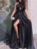 Msddl  Black Long Halter Prom Dresses A-Line Sexy Side Slit Open Back High Waist Robes De Soirée Evening Party Dresses For Women