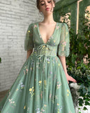 Msddl Green Embroidery Lace Prom Dresses Puff Sleeves A-Line Long Wedding Party Gowns Open Back Tulle Evening Dress