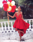 Msddl  Spaghetti Straps High Low Homecoming Dress With Appliques V Neck Red Satin Cocktail Dresses Short Front Long Behind Prom Dresses