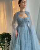 Msddl  Dusty Blue Sparkly Tulle Prom Dresses With Long Cape Sweetheart A-Line Formal Party Dress 2023 Evening Gowns Floor Length