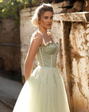 Msddl  Sage Green Sweetheart Satin Prom Dresses 2023 Spaghetti Straps 3D Flower Button Design Tulle A-Line Long Evening Dresses