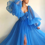 Msddl  Fashion Luxury A-Line Prom Dresses Blue 2023 Long Tulle Puff Sleeve Women's Evening Gownssweetheart Bow Party Dress Side Slit