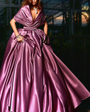 Msddl  Elegant Purple Satin Long Prom Dresses Sexy Shawl V-Neck Off The Shoulder Pleat Ruched Formal Evening Party Dresses 2023