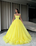 Msddl  Sparkly Yellow Tulle Prom Dresses Cap Sleeves Square Neck A Line Long Evening Party Dress Vestido De Fiesta De Graduación