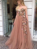 Msddl  Flesh Pink Sweetheart Prom Dresses 2023 Flower Appliques A Line Formal Evening Party Dresses Long Tulle Vestidos De Gala