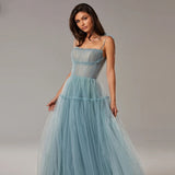 Msddl  Luxury Sexy Dusty Blue Square Neck A Line Prom Dresses Spaghetti Straps Tulle Floor Length Evening Party Gowns