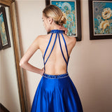 Msddl  Royal Blue Halter Sleeveless Prom Dresses High-Quality Satin Beaded A Line Floor Length Backless Elegant Evening Dresses