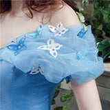 Msddl  Luxury Strapless Blue Prom Dress Princess Off Shoulder Butterfly Design Organza Puff Sleeves Prom Ball Gowns Lace Up Back